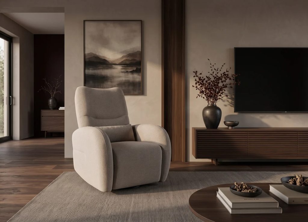 Fauteuil relax électrique Vélyos greige dans un salon contemporain