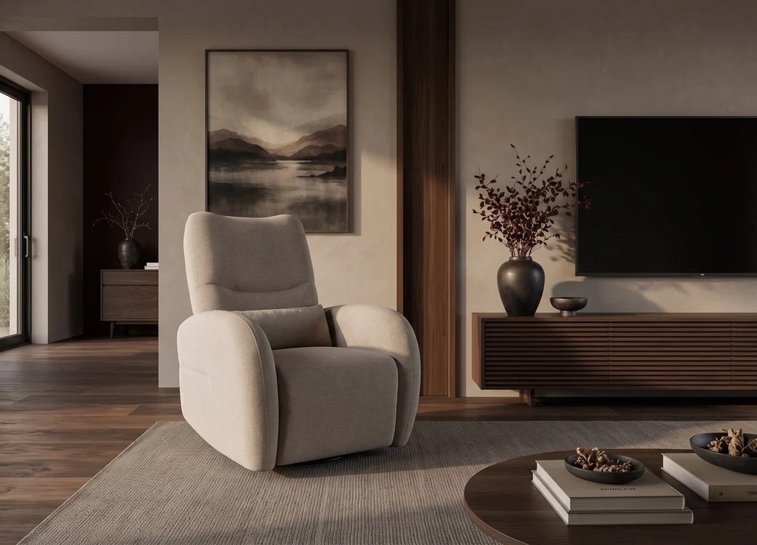 Fauteuil relax électrique Vélyos greige dans un salon contemporain