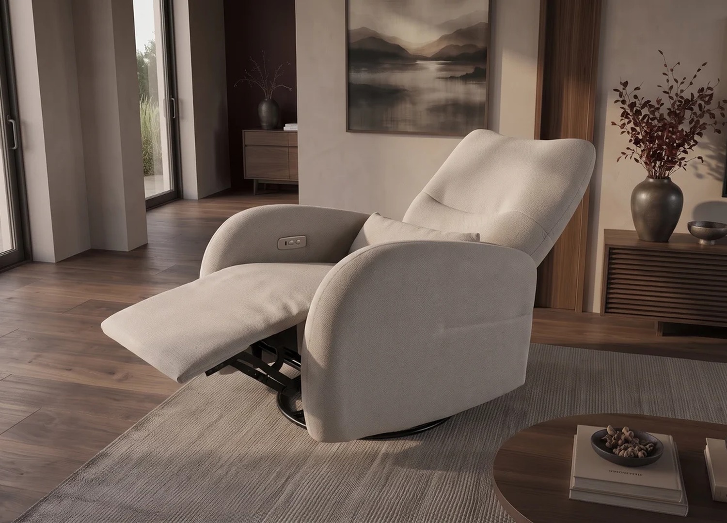 Fauteuil relax électrique Vélyos greige en position allongée