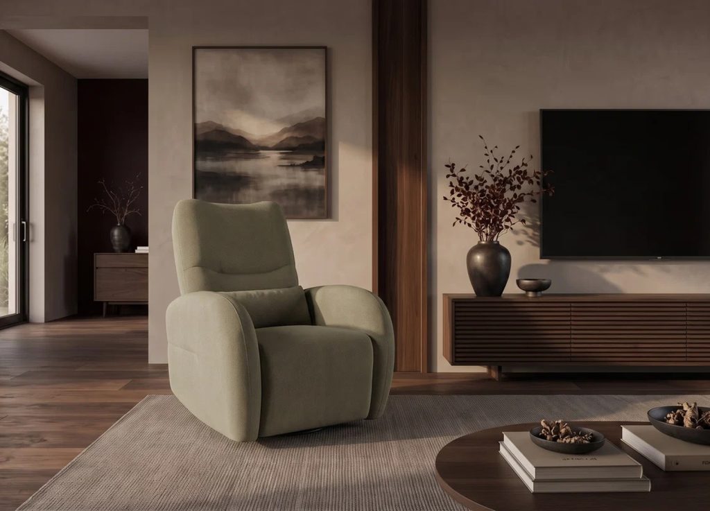 Fauteuil relax électrique Vélyos vert dans un salon contemporain