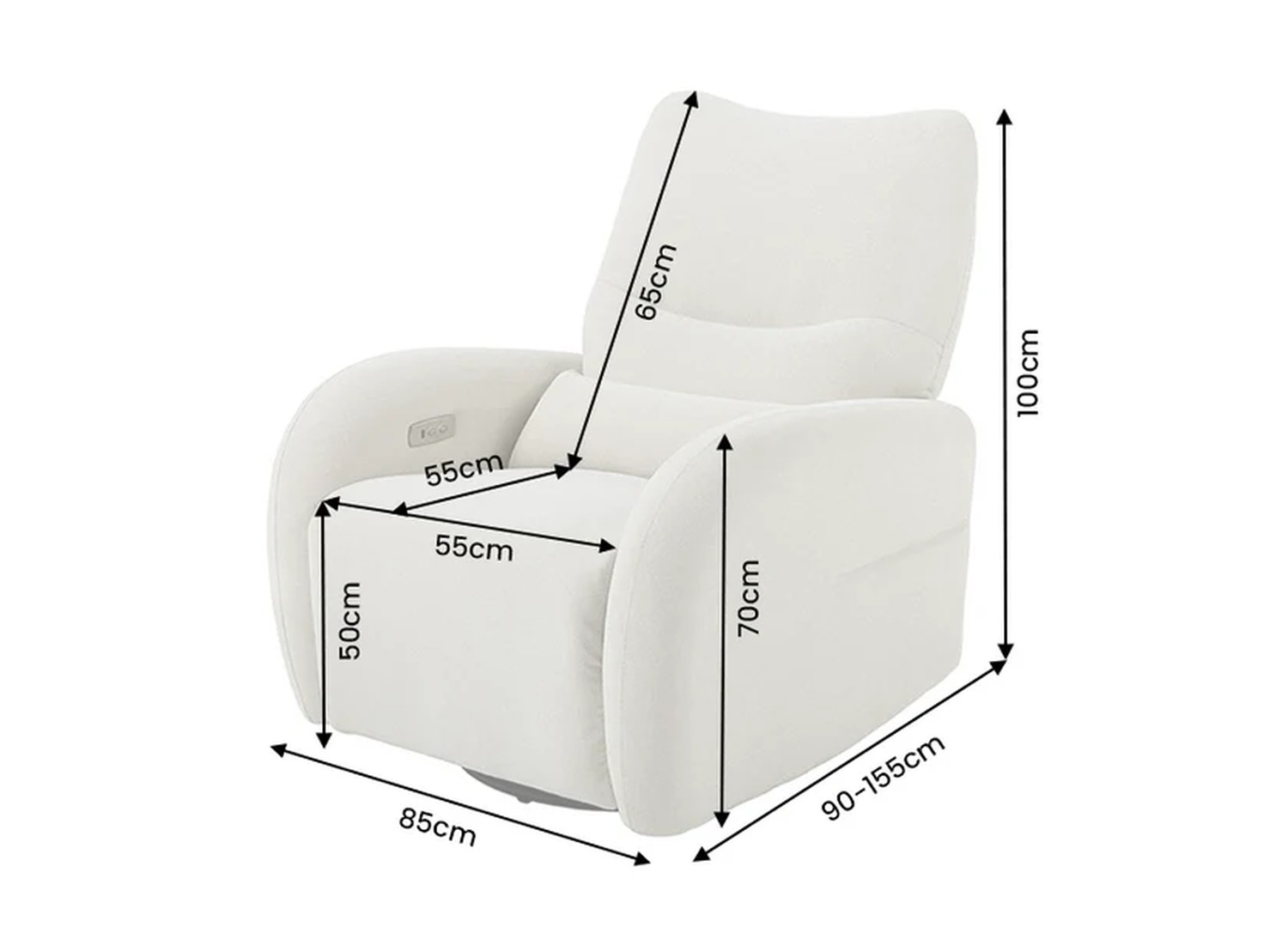 Dimensions du fauteuil relax électrique Vélyos beige : largeur 85 cm et hauteur 100 cm