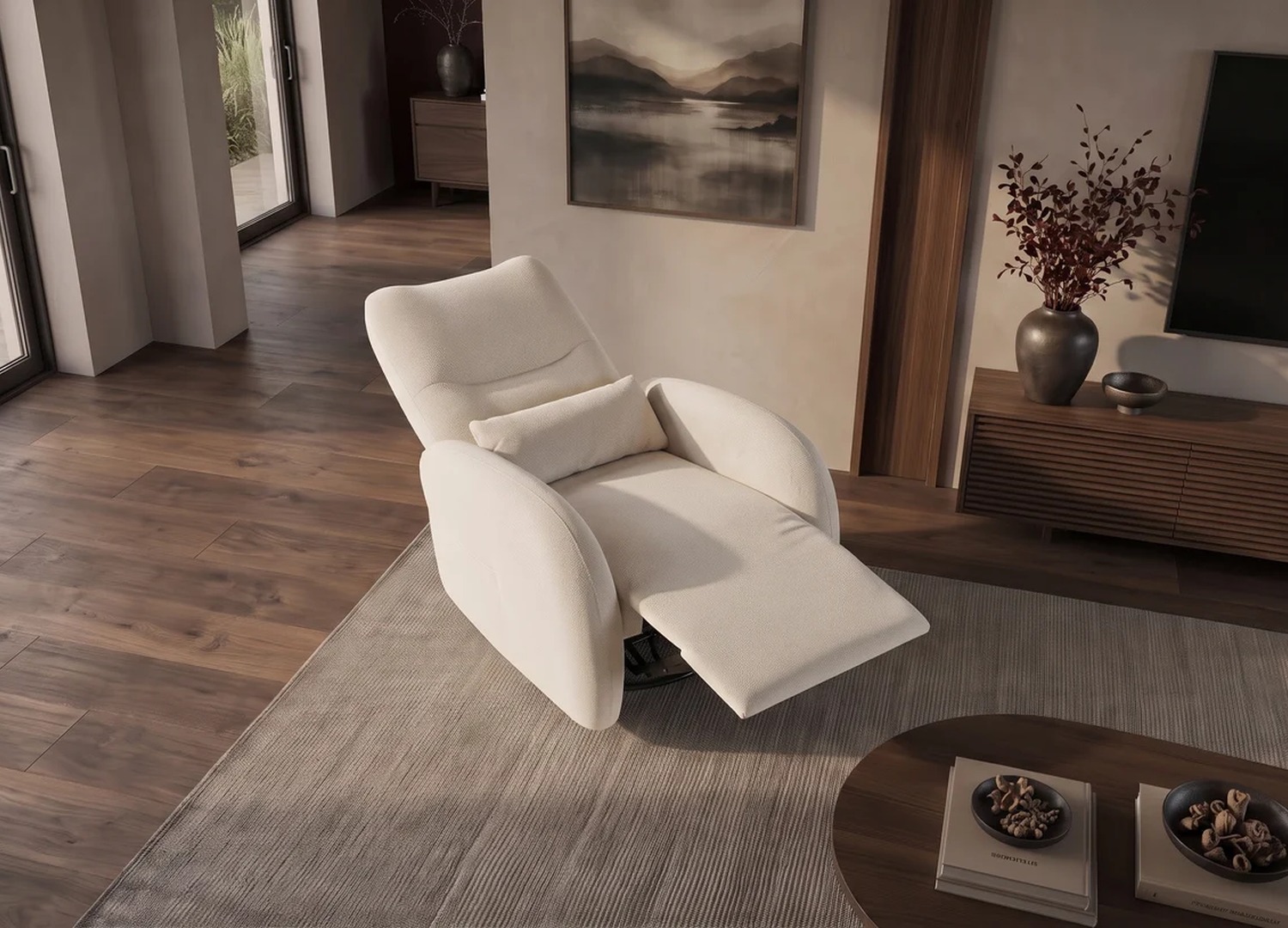 Fauteuil relax Vélyos beige en position inclinée vu en hauteur