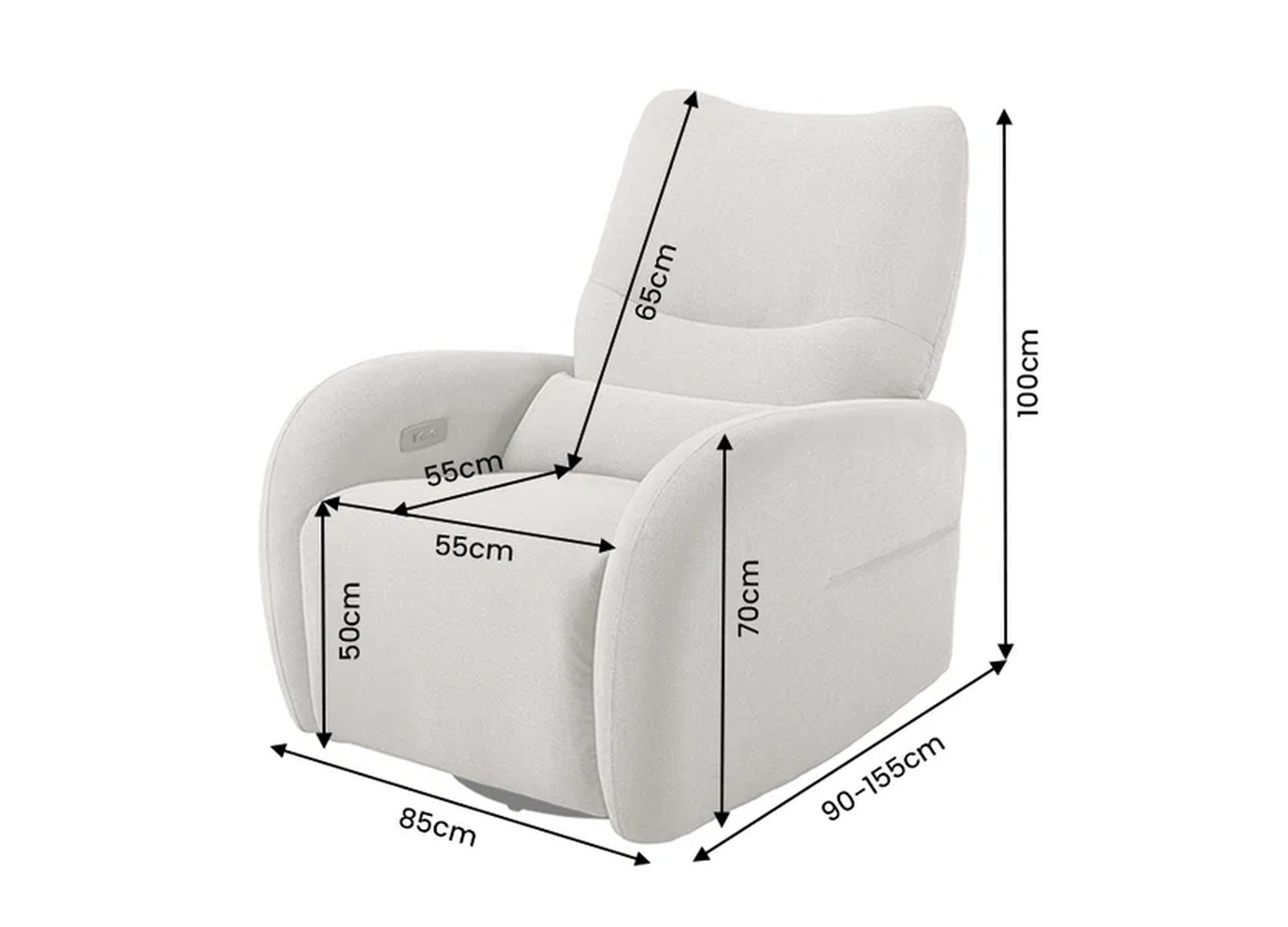 Dimensions du fauteuil relax électrique Vélyos greige : largeur 85 cm et hauteur 100 cm