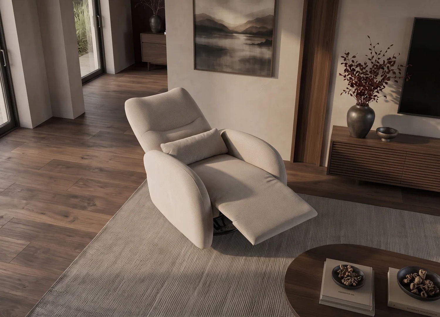 Fauteuil relax Vélyos greige en position inclinée vu en hauteur
