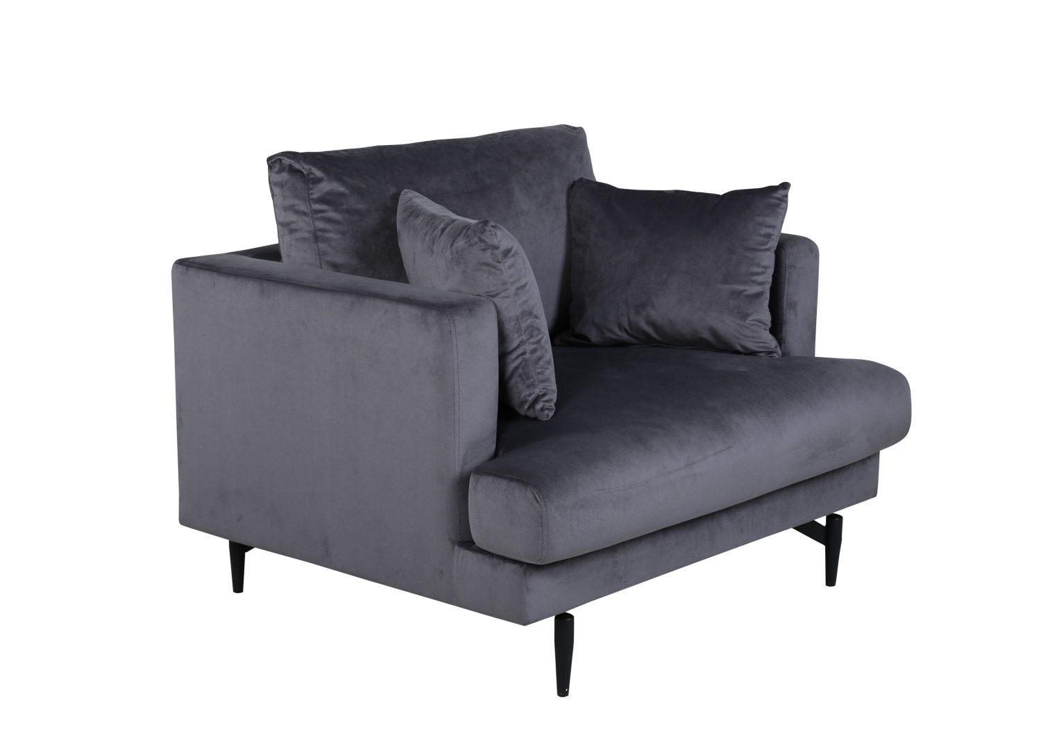 Fauteuil Sofia en velours gris foncé vu sous un autre angle