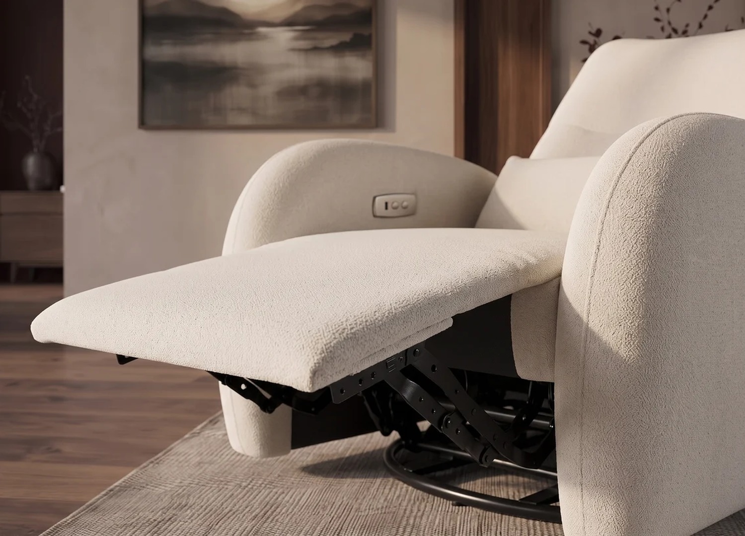Détail du repose-jambes et du mécanisme électrique du fauteuil Vélyos beige