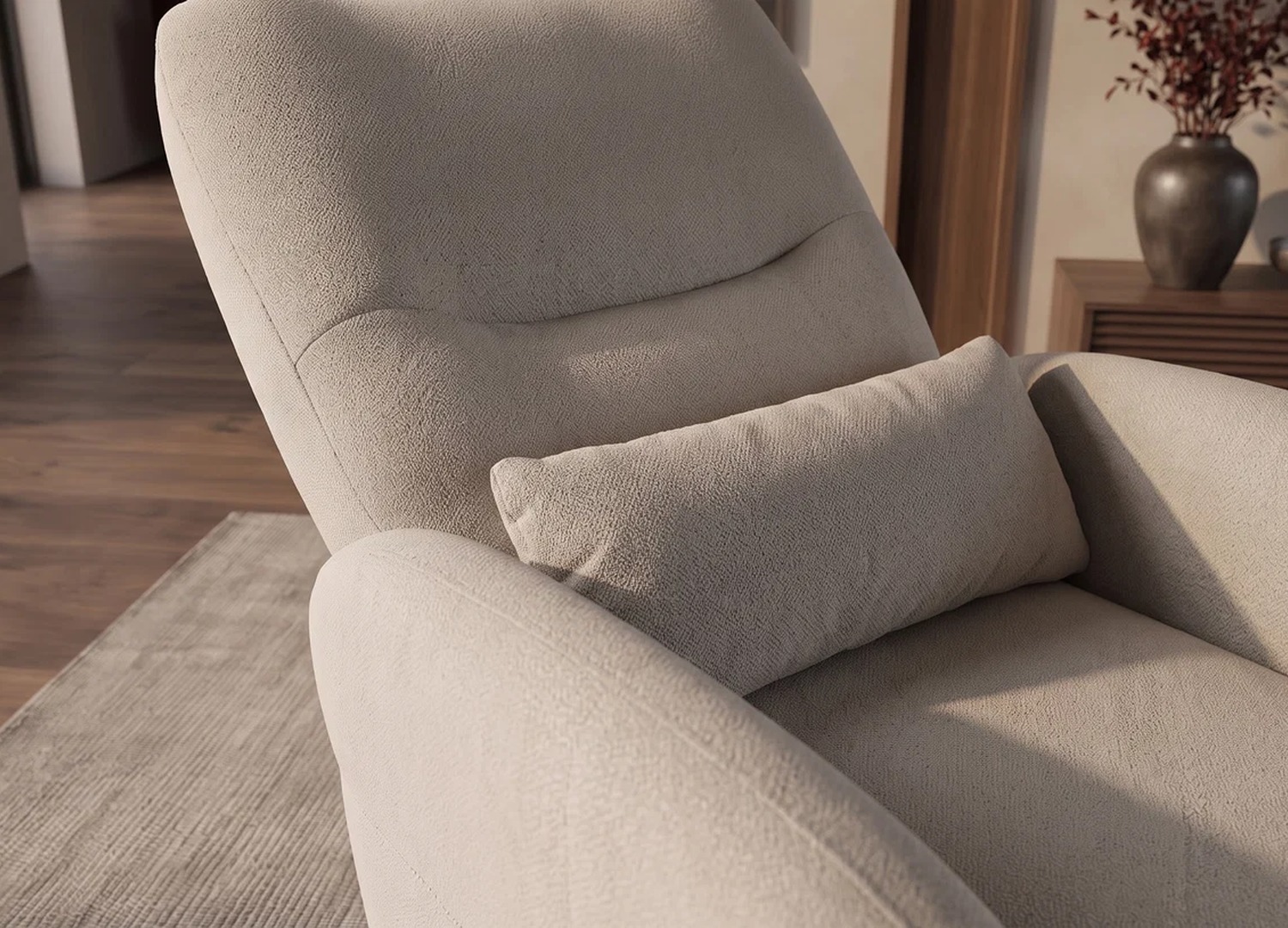 Détail du tissu structuré greige du fauteuil Vélyos
