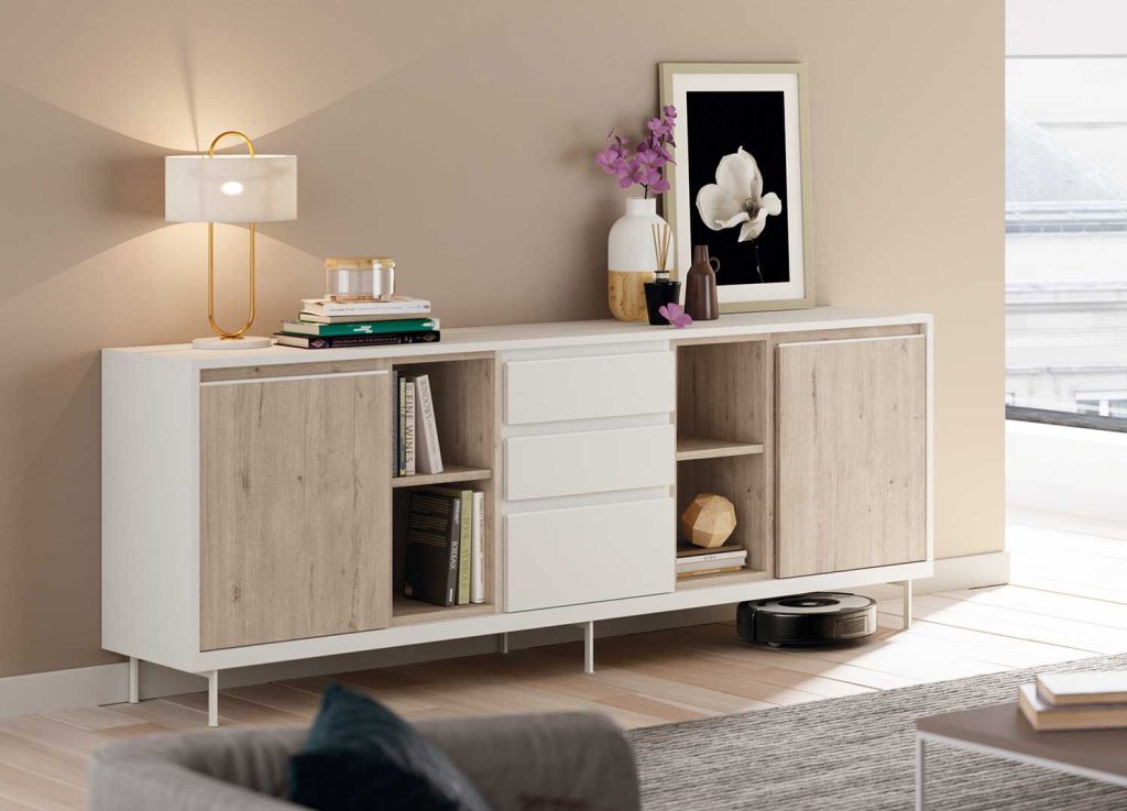 Grand buffet contemporain en bois blanc et chêne