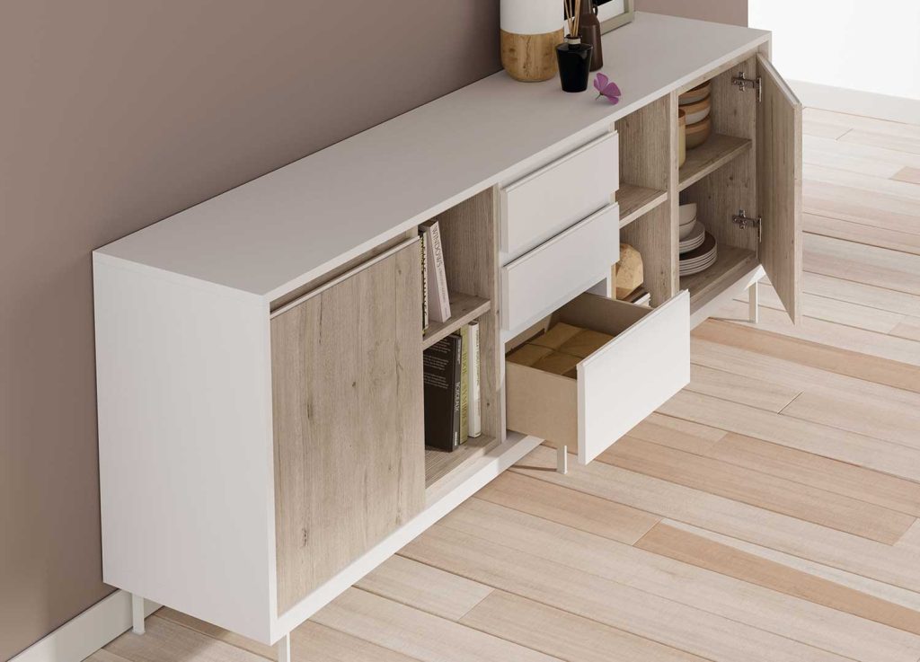 Grand buffet contemporain en bois blanc et chêne