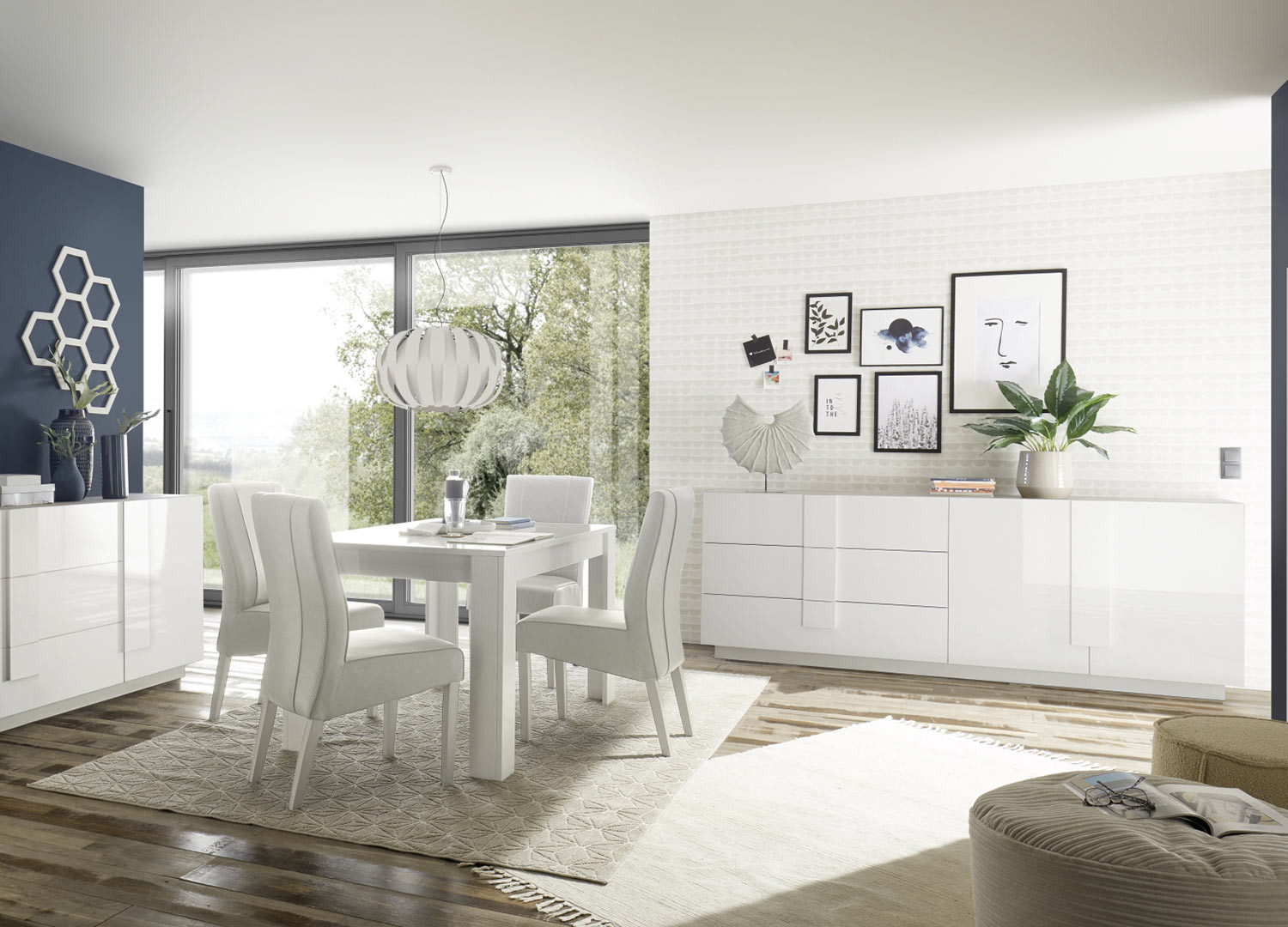 Grand buffet de salle à manger 3 tiroirs et 2 portes laqué blanc 241 cm