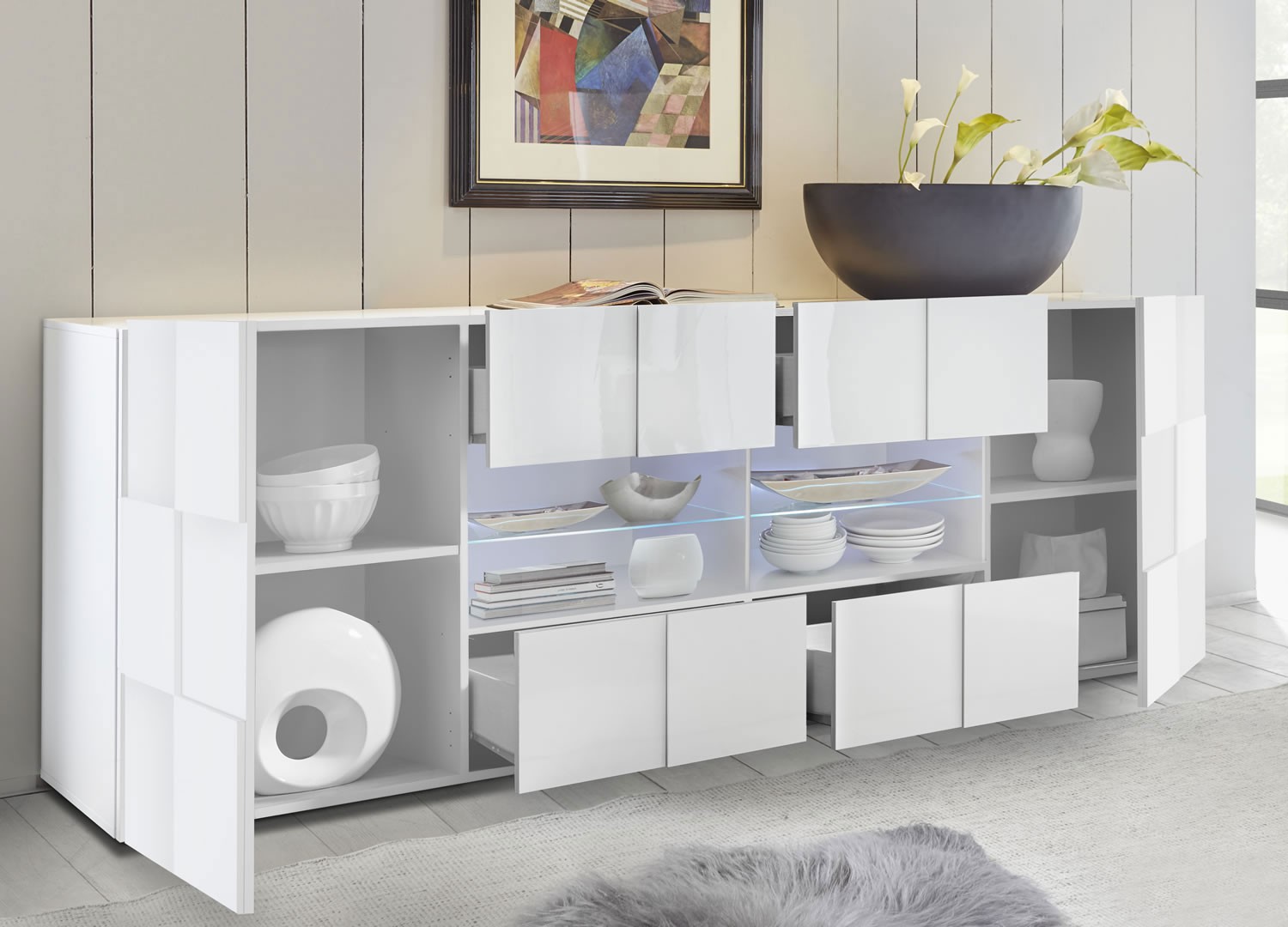 Grand buffet design blanc laqué 241 cm
