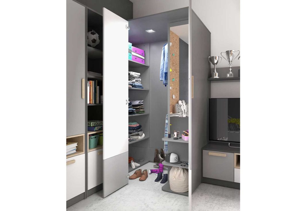 Grande armoire d'angle moderne grise et blanche