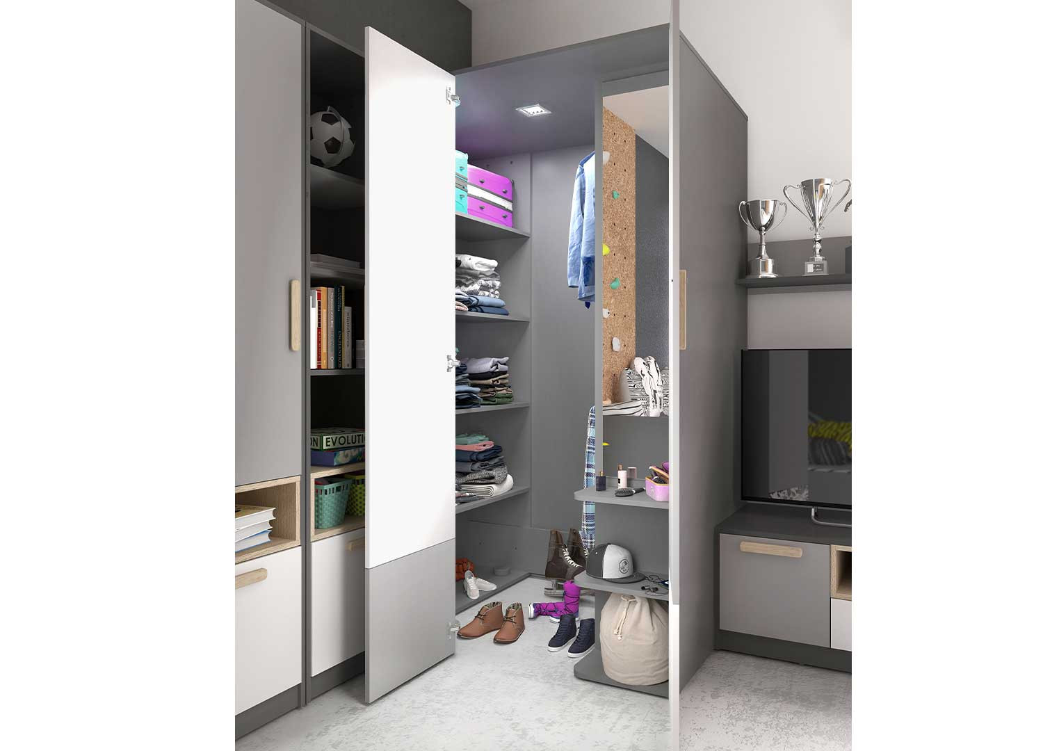 Grande armoire d'angle moderne grise et blanche
