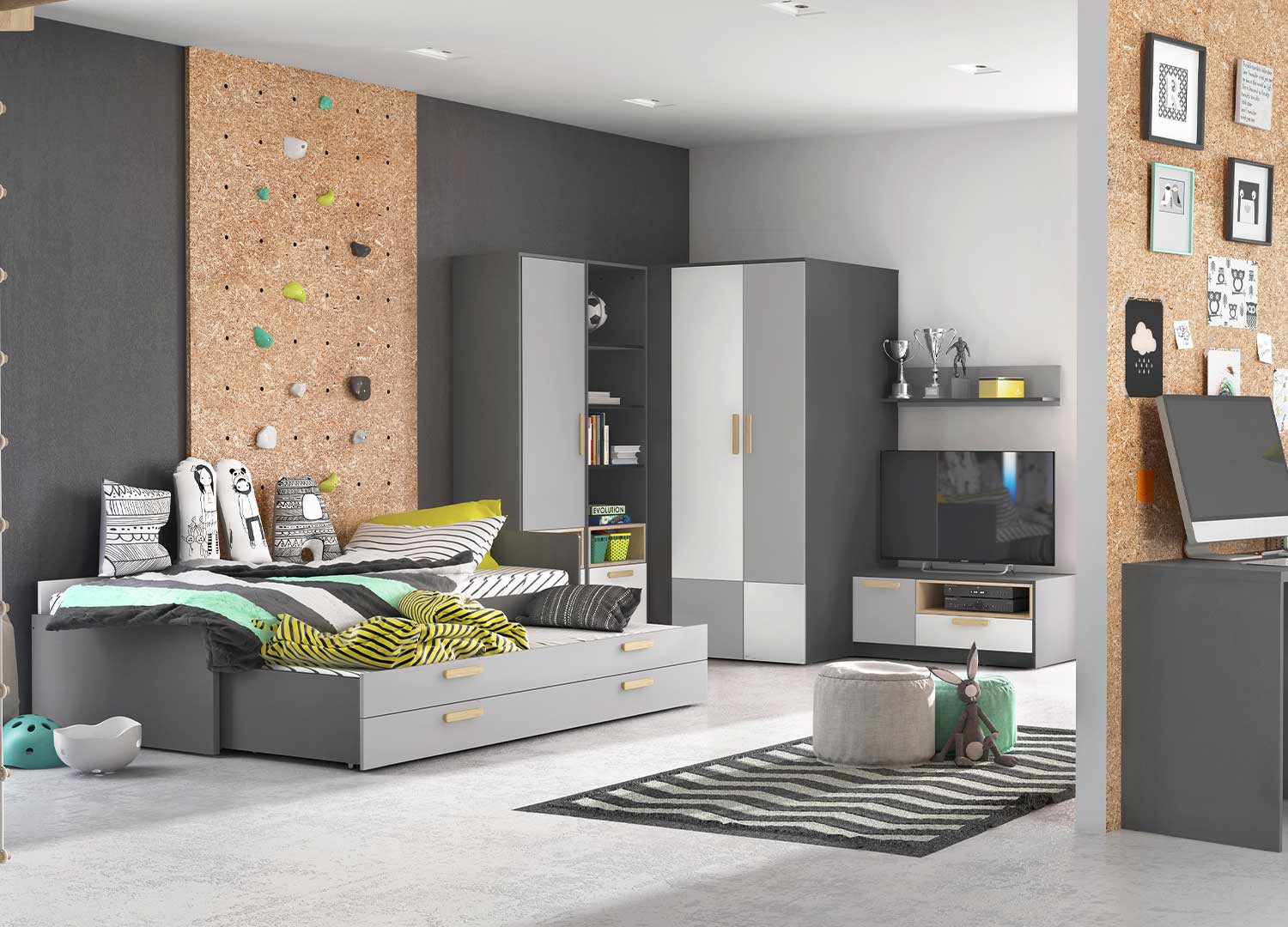 Grande armoire d'angle moderne grise et blanche