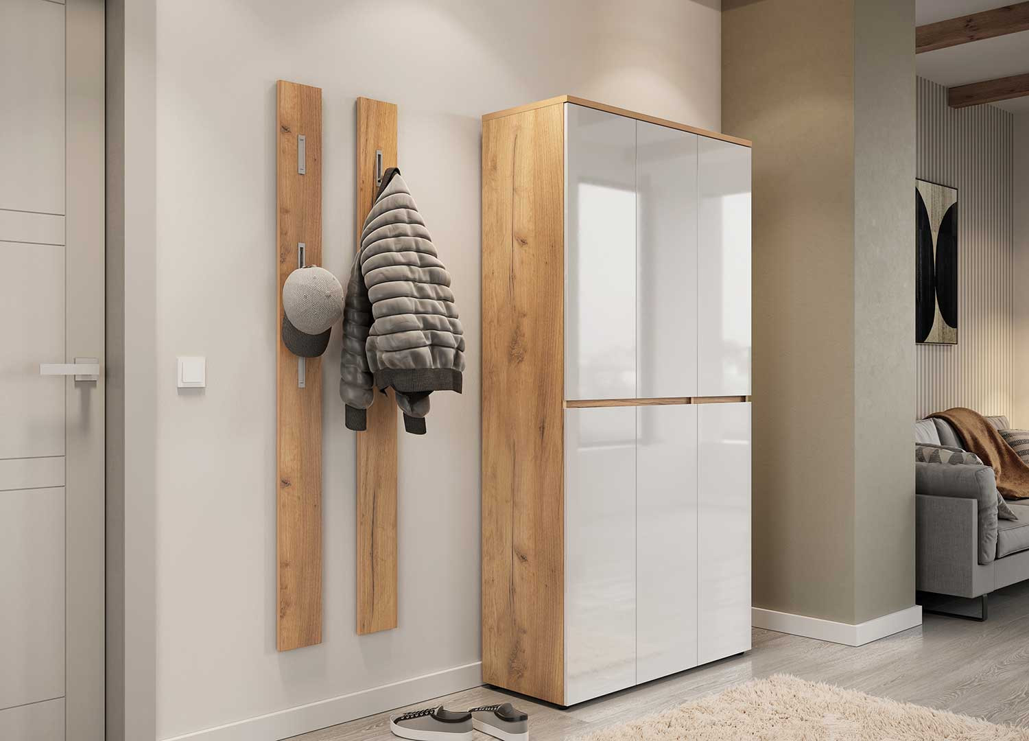 Grande armoire de rangement blanc laqué et chêne navarra 6 portes