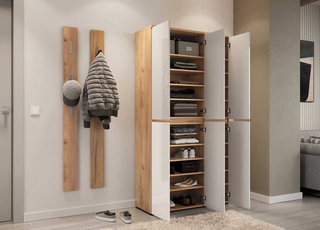 Grande armoire de rangement blanc laqué et chêne navarra 6 portes