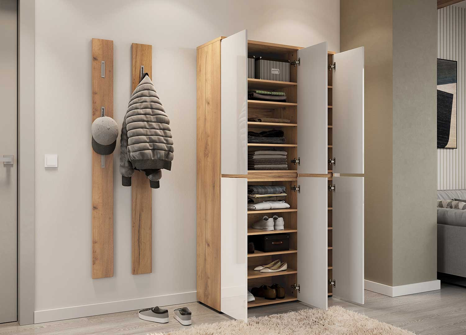 Grande armoire de rangement blanc laqué et chêne navarra 6 portes