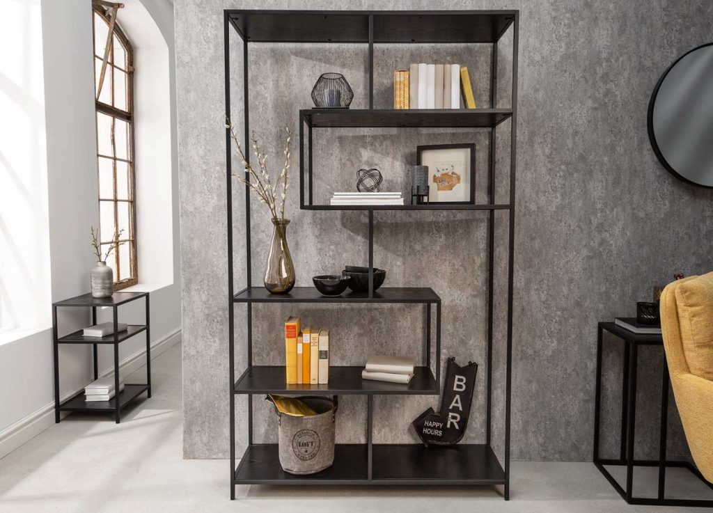Grande étagère de rangement bois frêne foncé et métal