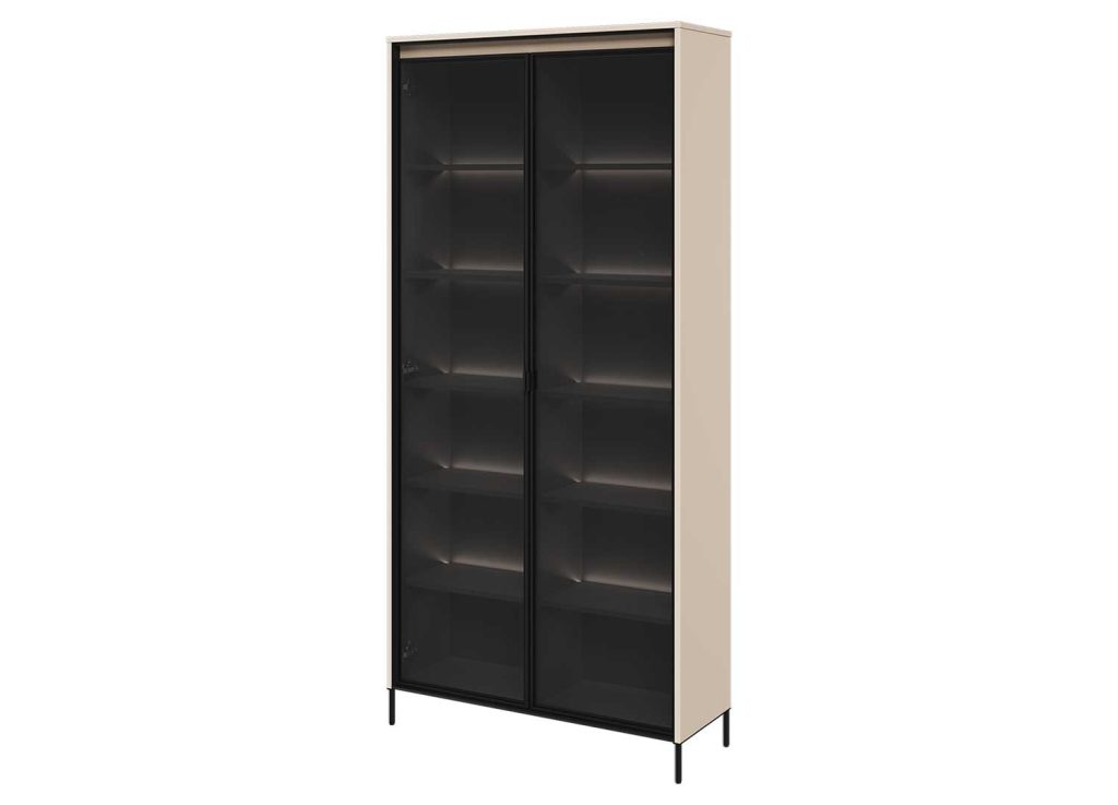 Grande vitrine 2 portes vitrées beige sable avec éclairage
