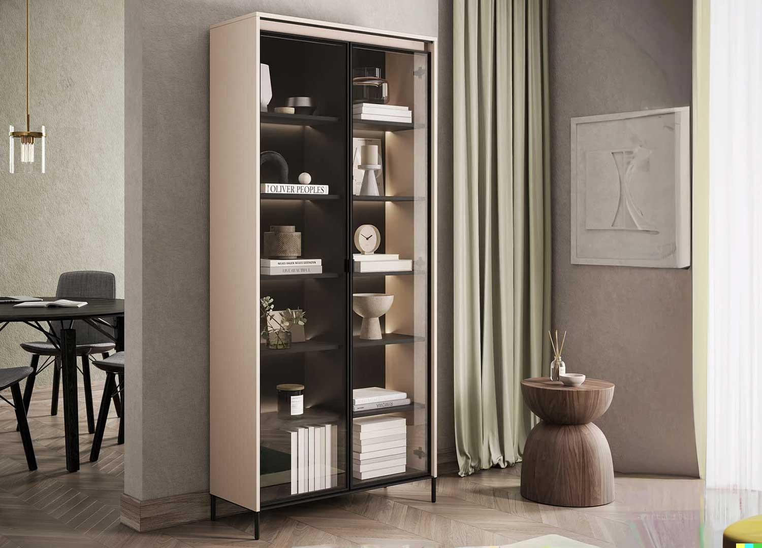 Grande vitrine 2 portes vitrées beige sable avec éclairage