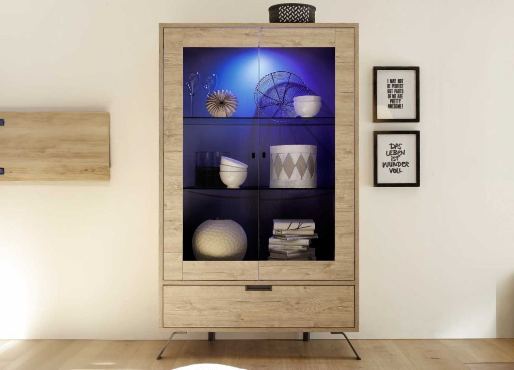 Grande vitrine de 2 portes en verre et 1 tiroir chêne