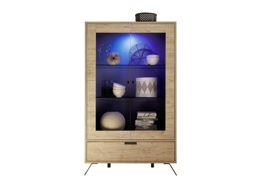 Grande vitrine de 2 portes en verre et 1 tiroir chêne