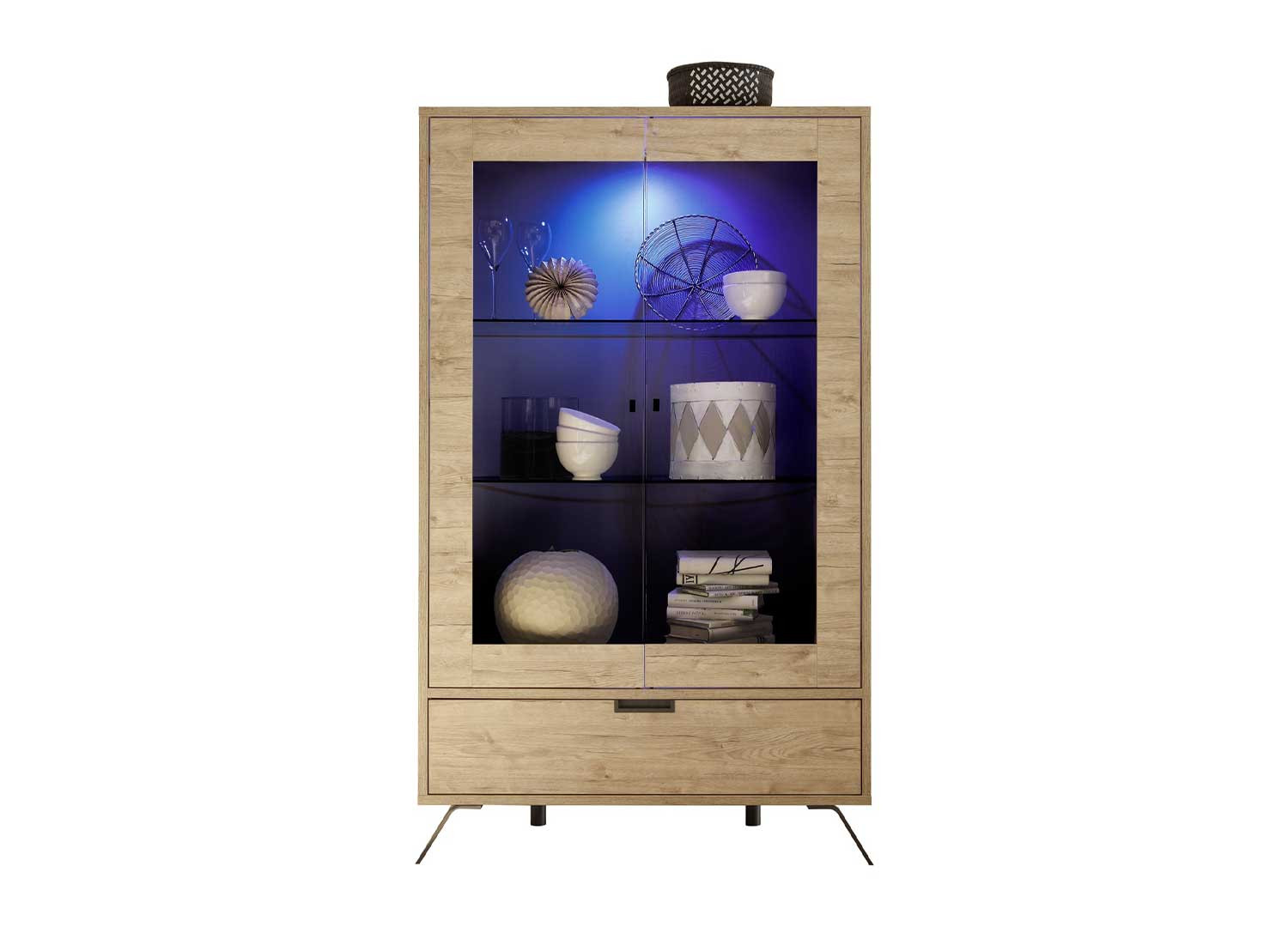 Grande vitrine de 2 portes en verre et 1 tiroir chêne