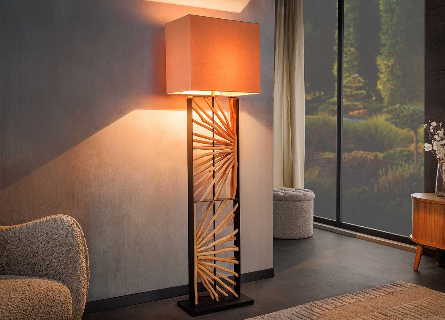 Lampadaire 165 cm bois de longane avec abat jour beige Orion