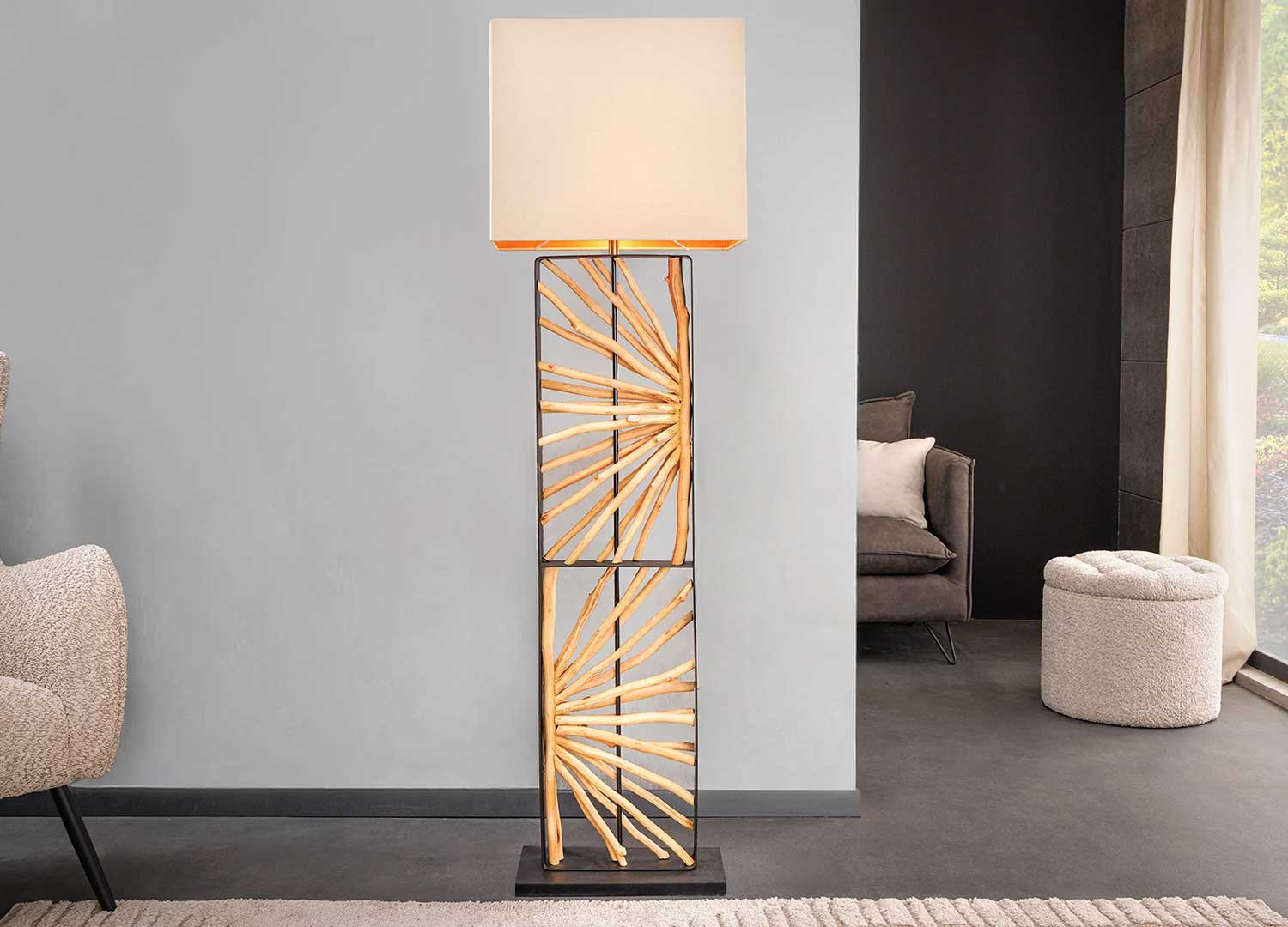 Lampadaire 165 cm bois de longane avec abat jour beige Orion