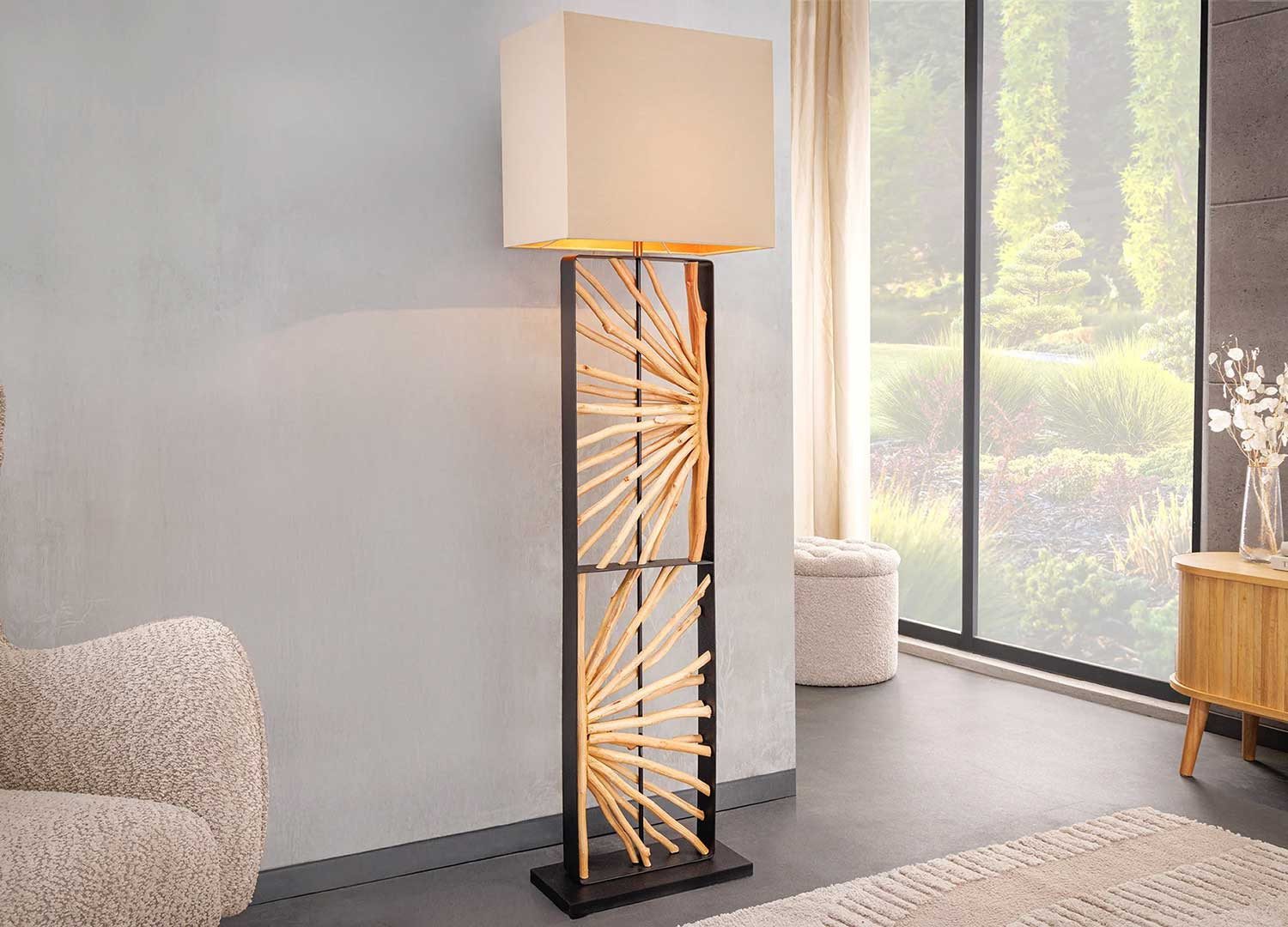 Lampadaire 165 cm bois de longane avec abat jour beige Orion