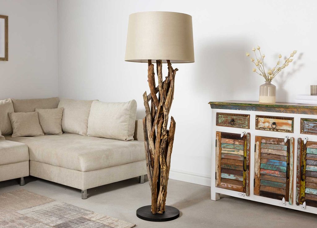Lampadaire sur pied 150 cm teck et abat jour en tissu beige