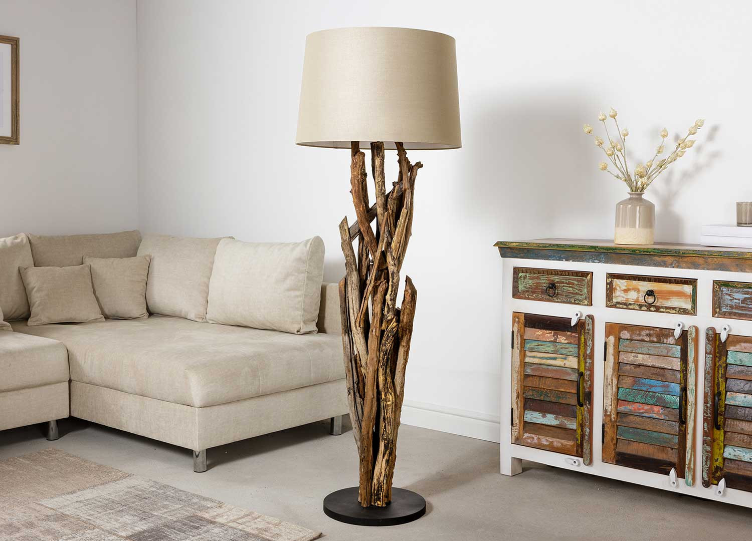 Lampadaire sur pied 150 cm teck et abat jour en tissu beige