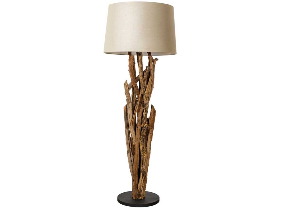 Lampadaire sur pied 150 cm teck et abat jour en tissu beige