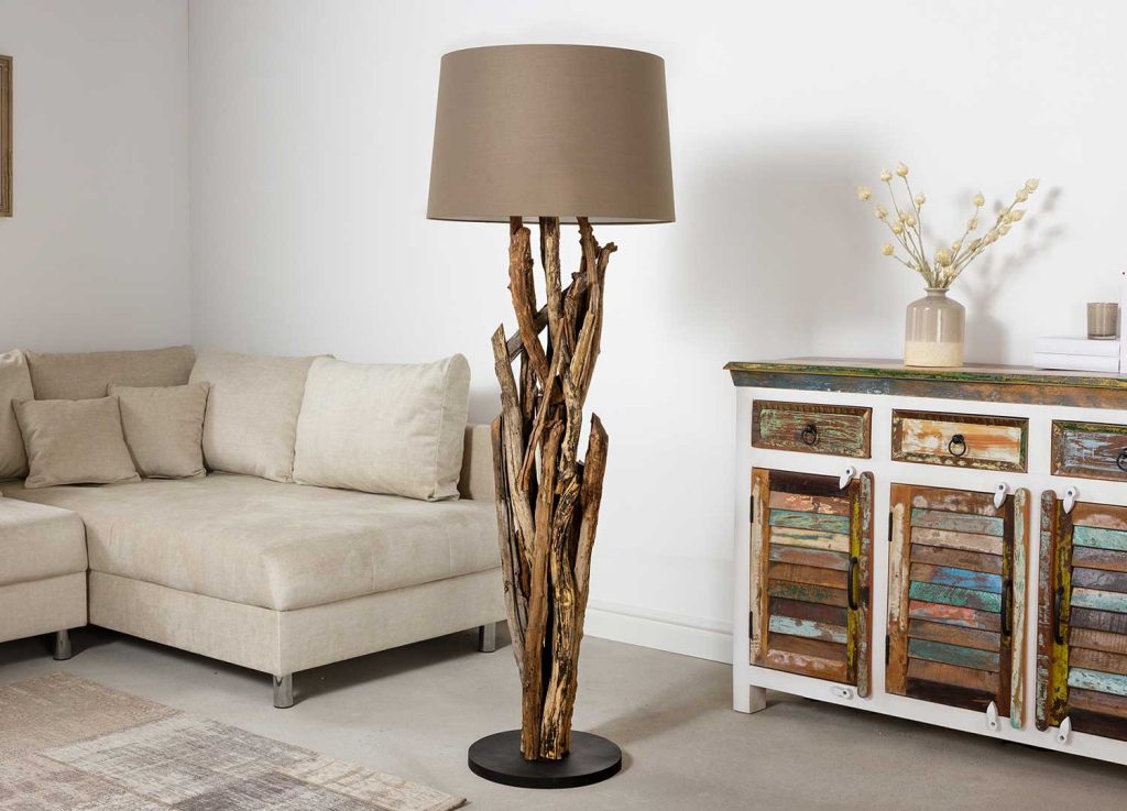 Lampadaire sur pied 150 cm teck et abat jour en tissu gris taupe