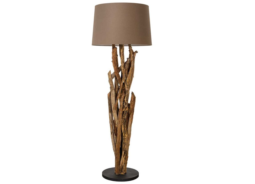 Lampadaire sur pied 150 cm teck et abat jour en tissu gris