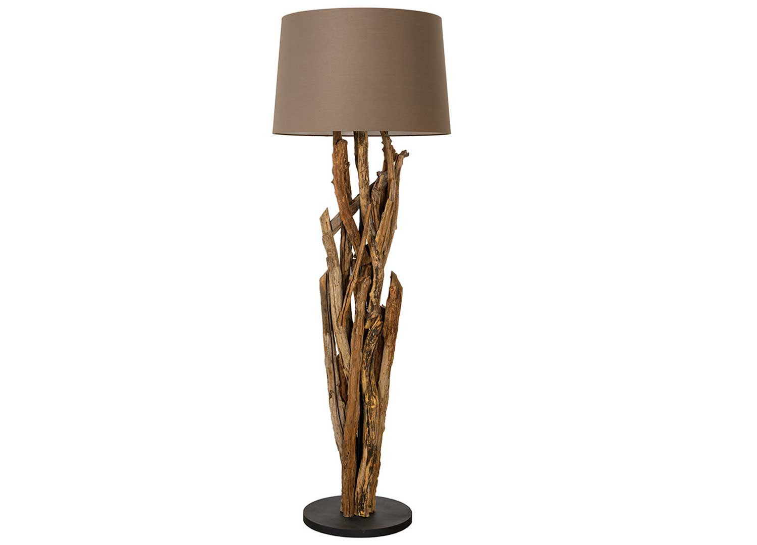 Lampadaire sur pied 150 cm teck et abat jour en tissu gris