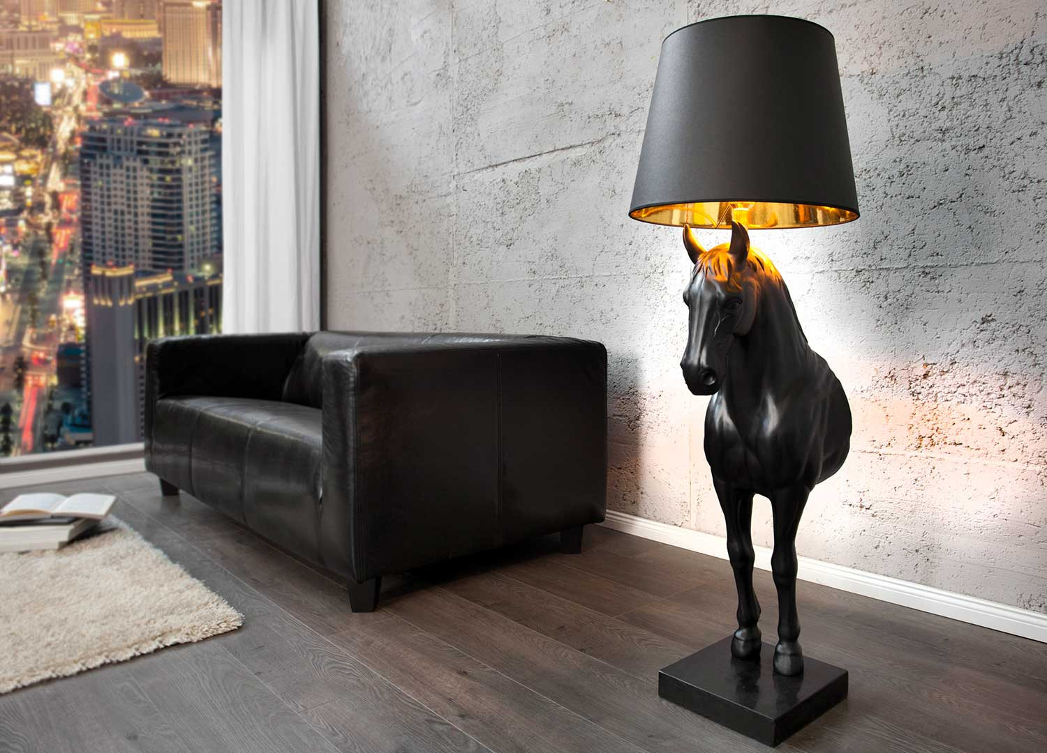 Lampadaire sur pied cheval noir et doré