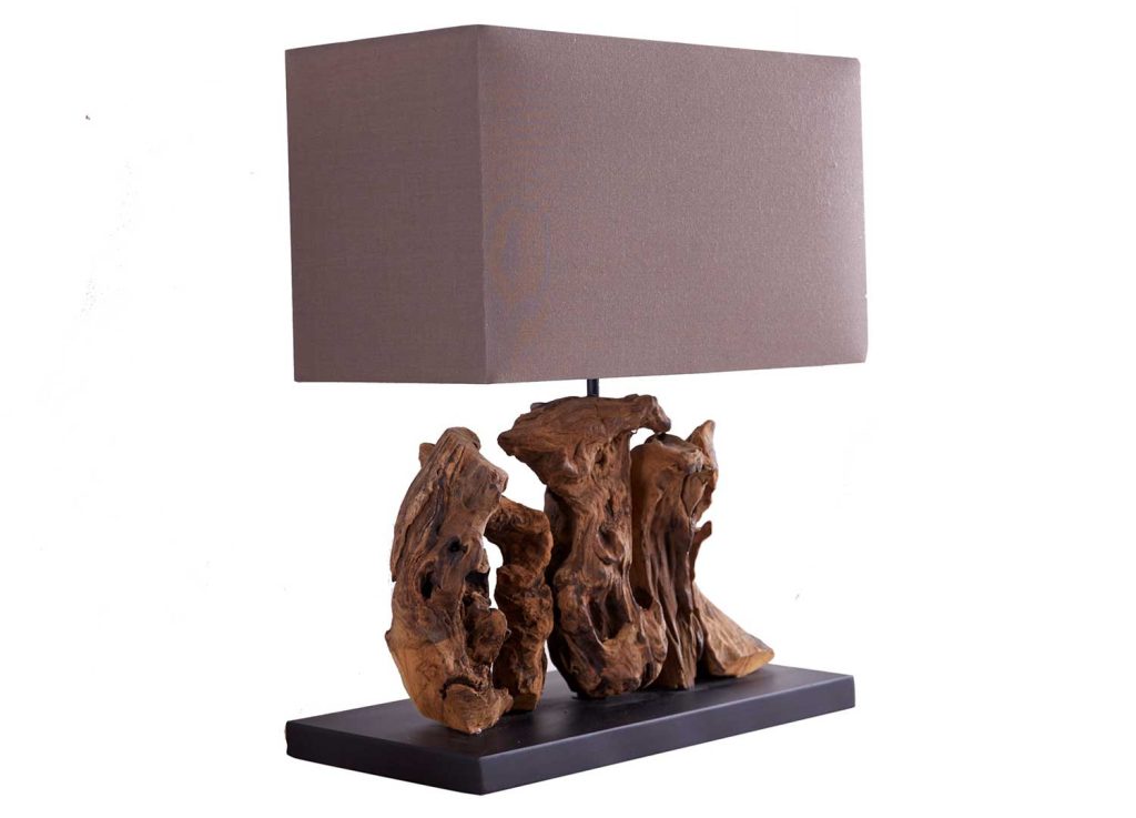 Lampe à poser en bois flotté avec abat-jour marron