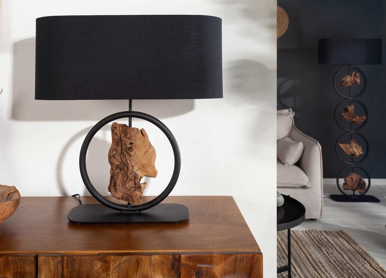 Lampe de table bois d'acacia et métal avec abat-jour