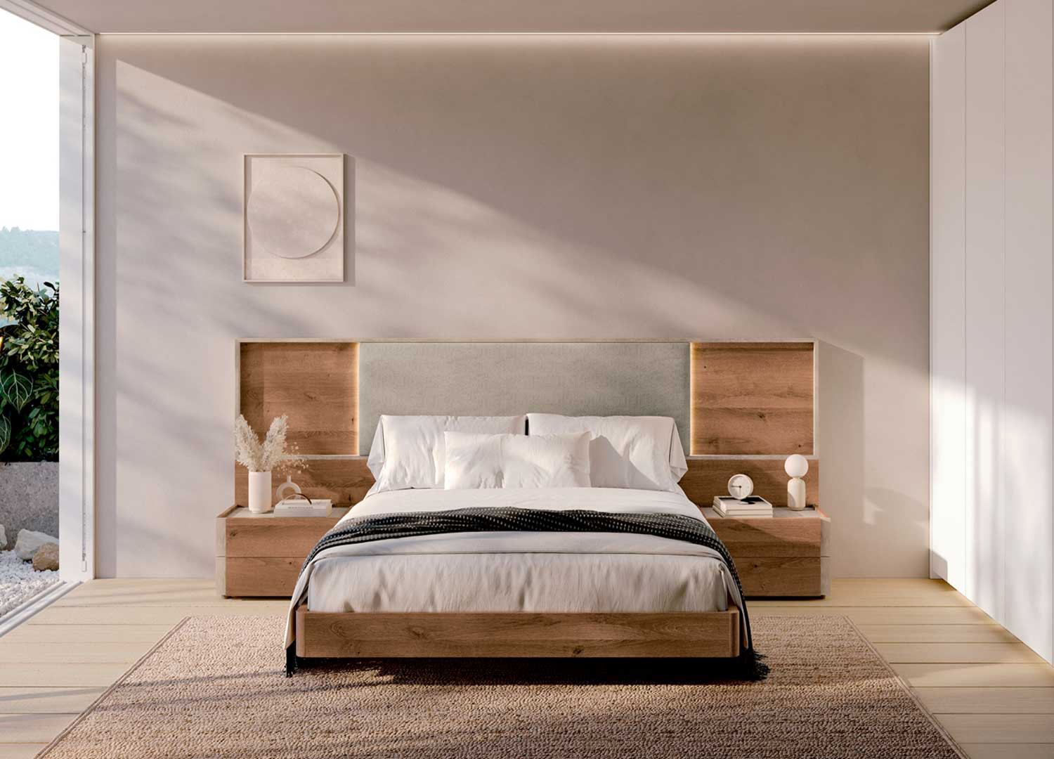 Lit double 180x200 cm avec tête de lit tapissée et éclairage led