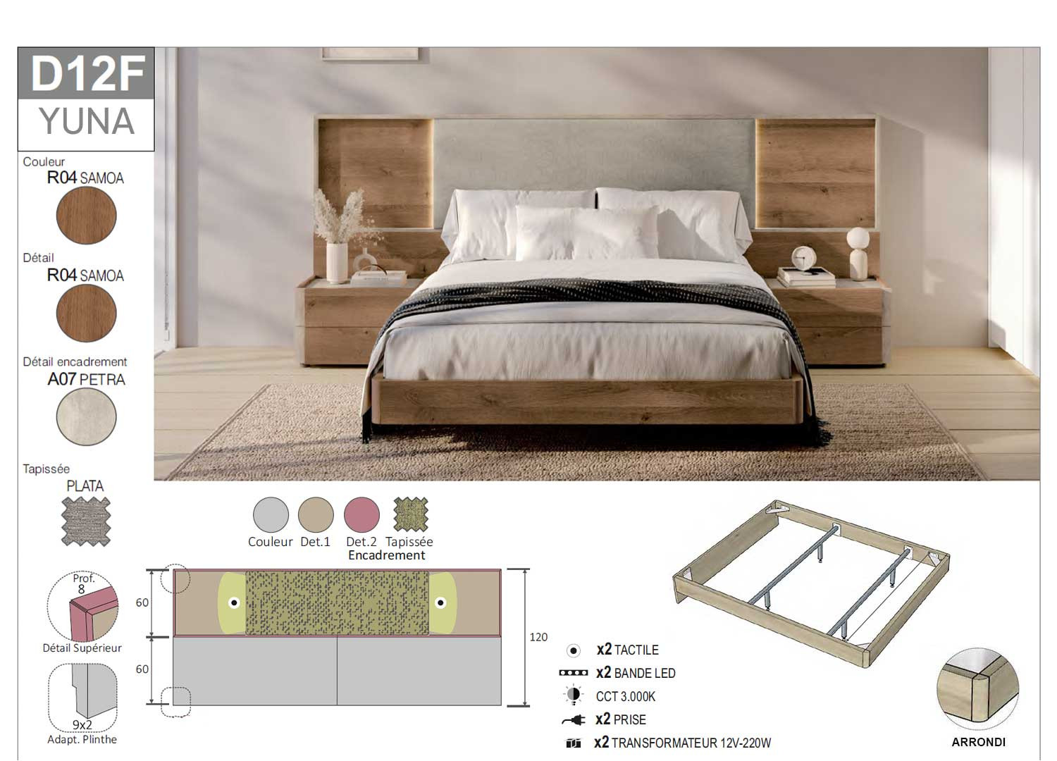 Lit double 180x200 cm avec tête de lit tapissée et éclairage led