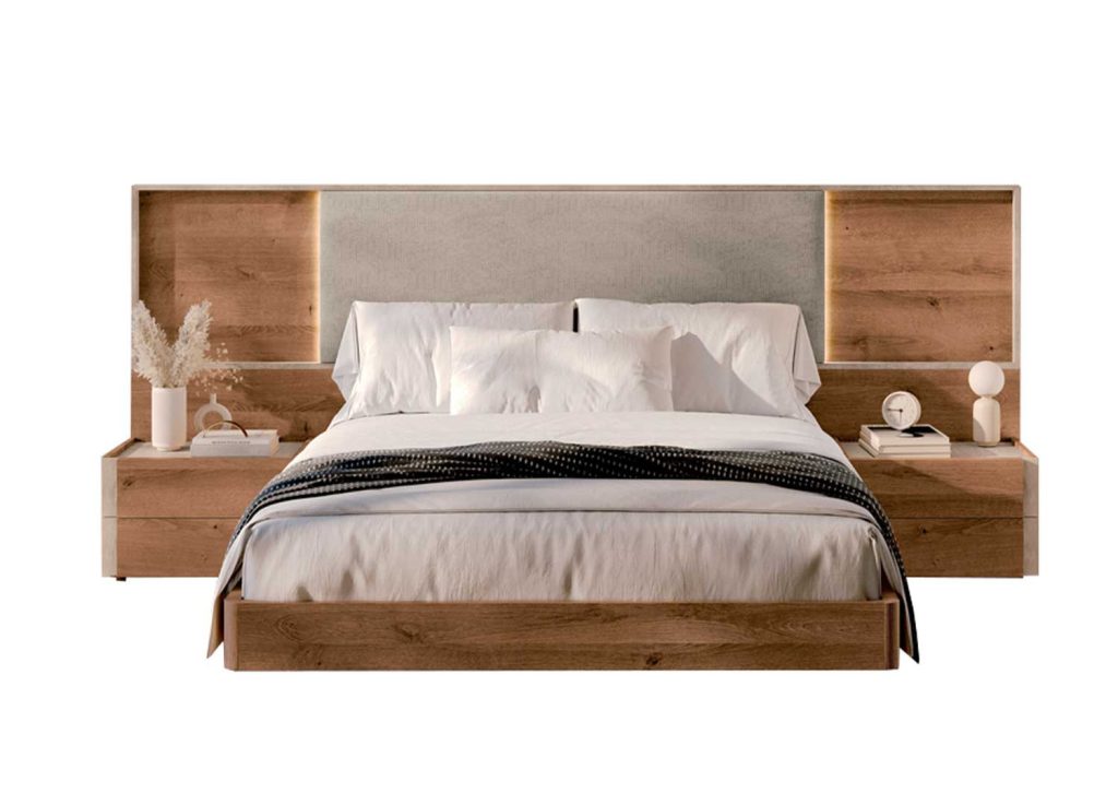 Lit double 180x200 cm avec tête de lit tapissée et éclairage led