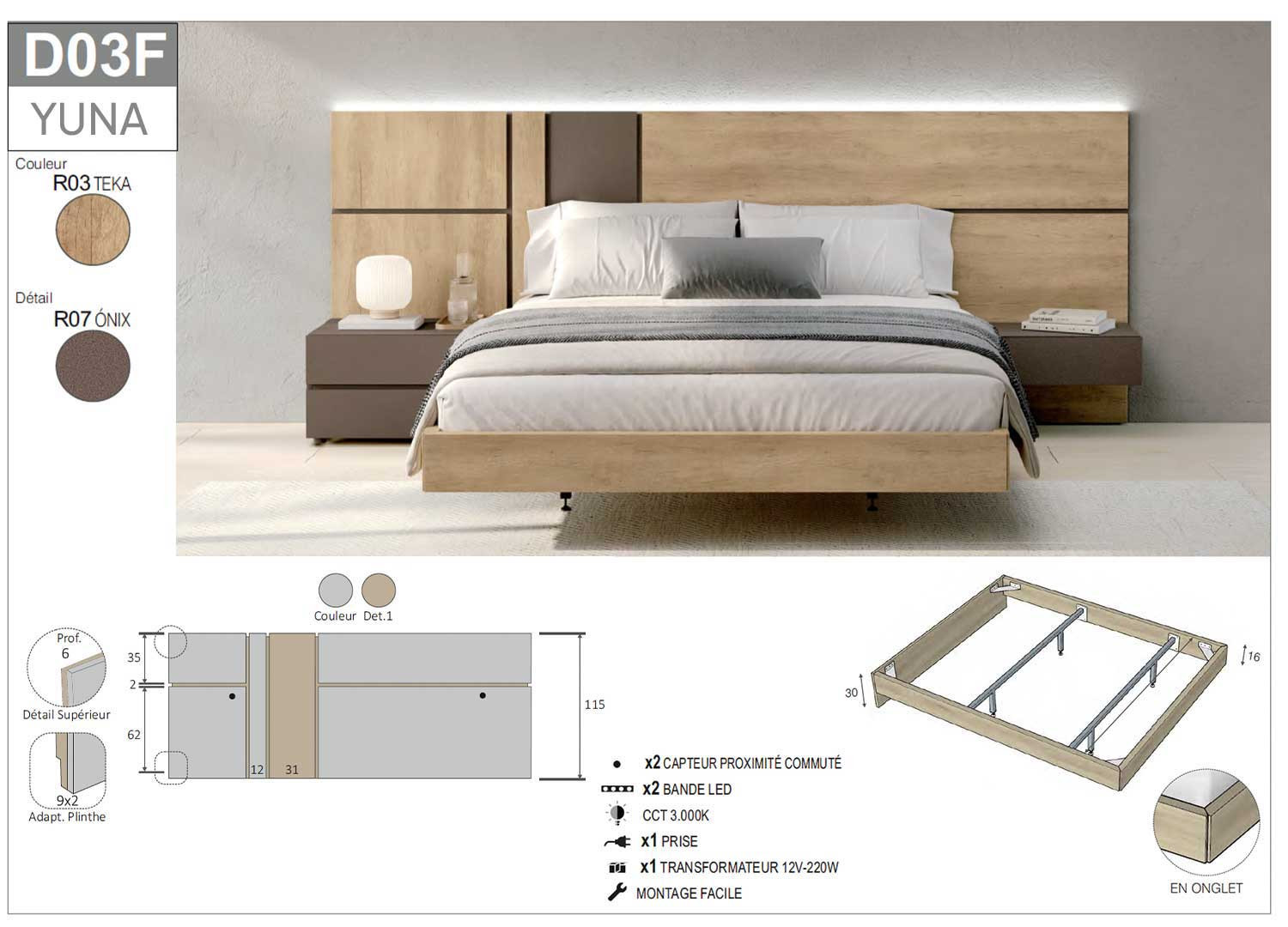 Lit chambre adulte moderne 180x200 cm à led Yuna