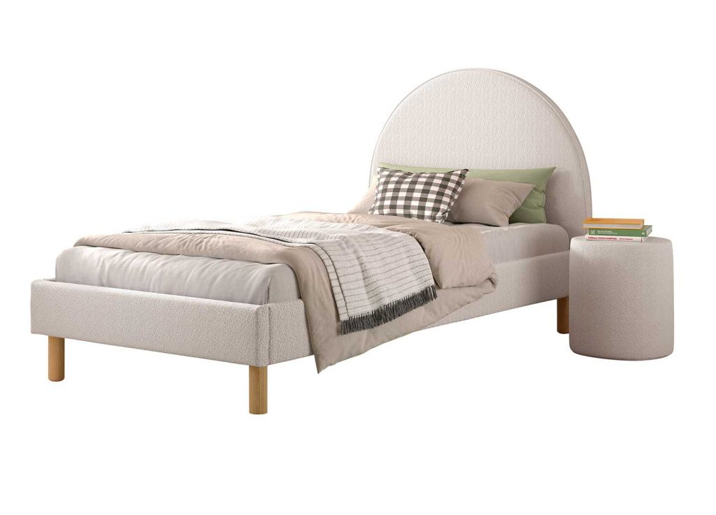 Lit 90x200 cm avec pouf en tissu bouclette blanc Moon