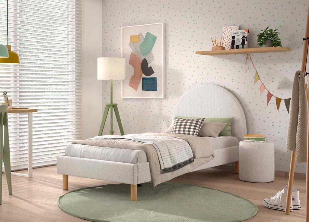 Lit 90x200 cm avec pouf en tissu bouclette blanc Moon