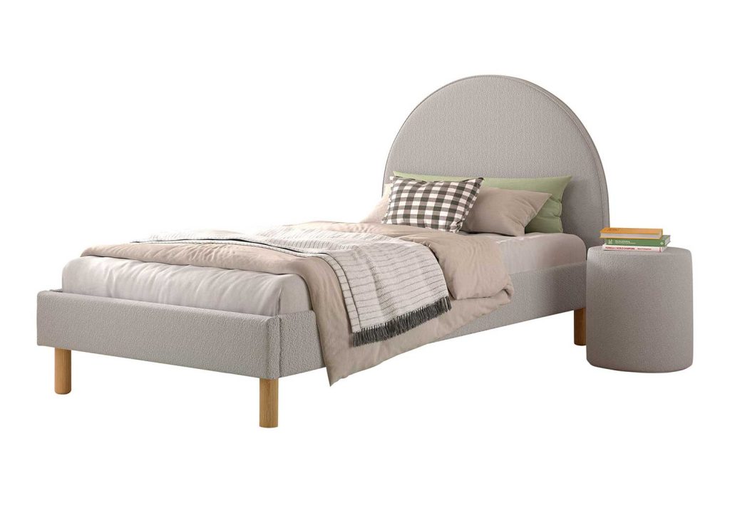 Lit 90x200 cm avec pouf en tissu bouclette gris Moon