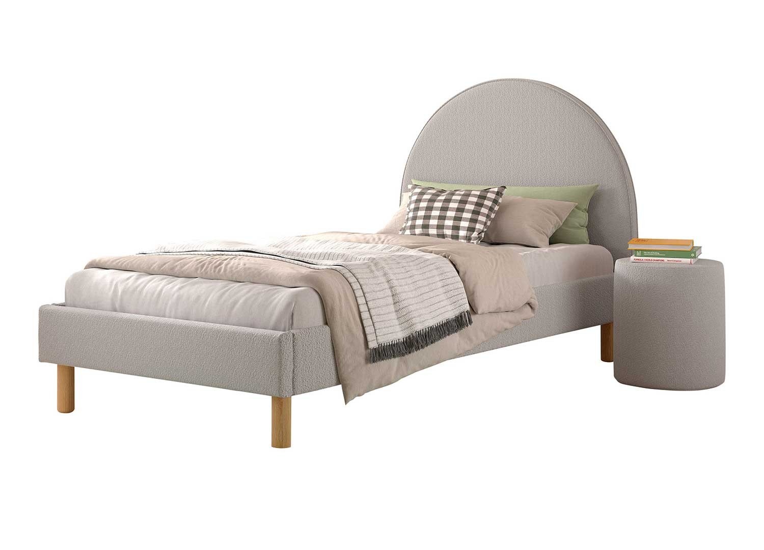 Lit 90x200 cm avec pouf en tissu bouclette gris Moon