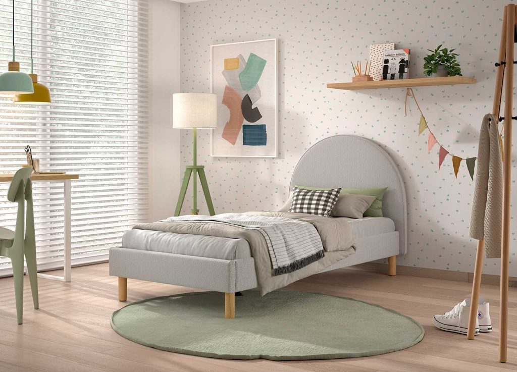 Lit 90x200 cm avec pouf en tissu bouclette gris Moon