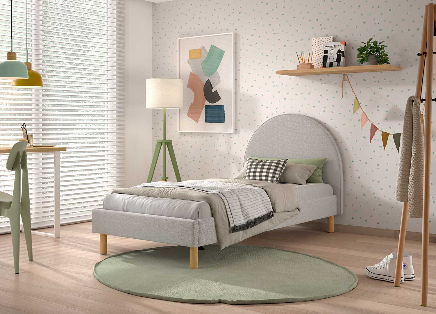 Lit 90x200 cm avec pouf en tissu bouclette gris Moon