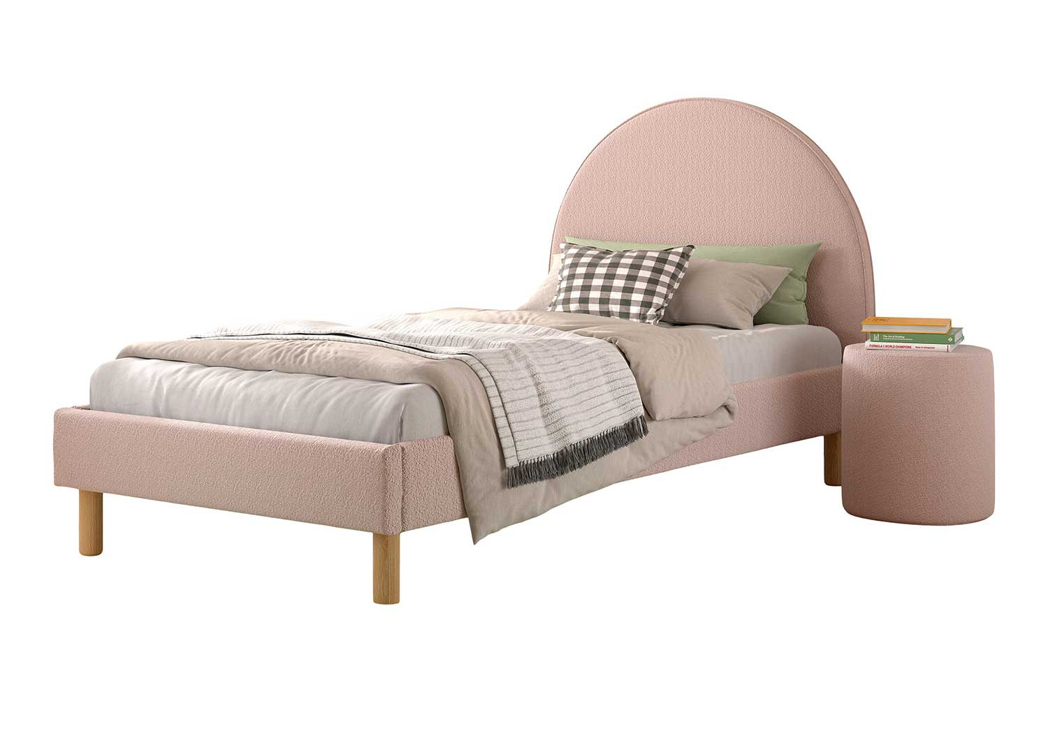 Lit 90x200 cm avec pouf en tissu bouclette rose Moon
